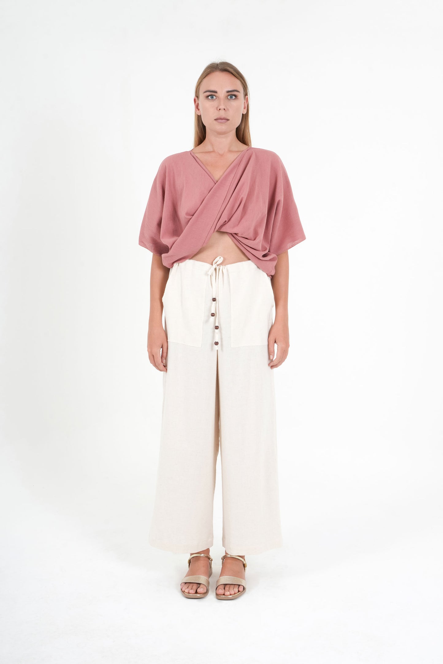 Beige Linen Blend Wide-Leg Pants