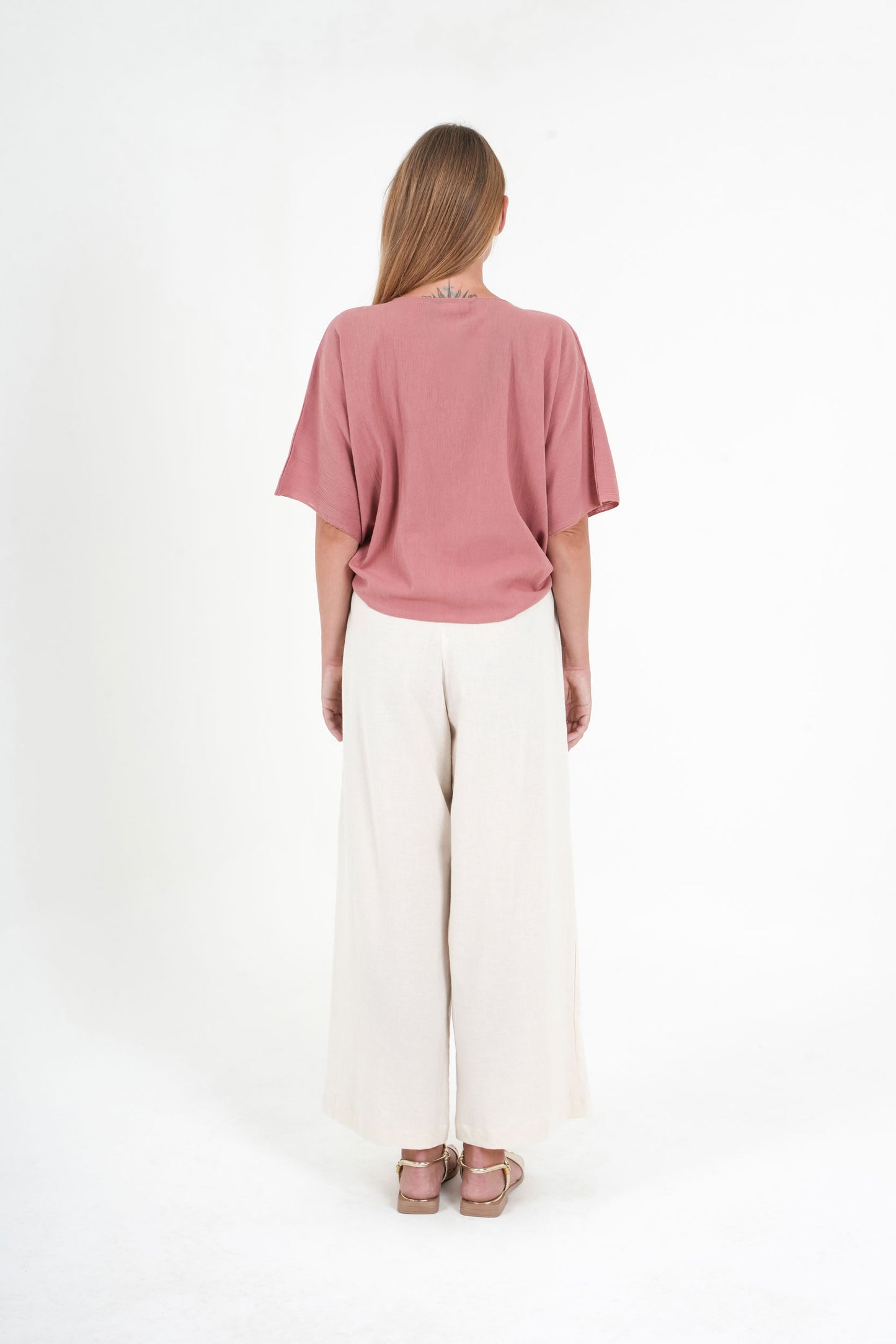Beige Linen Blend Wide-Leg Pants