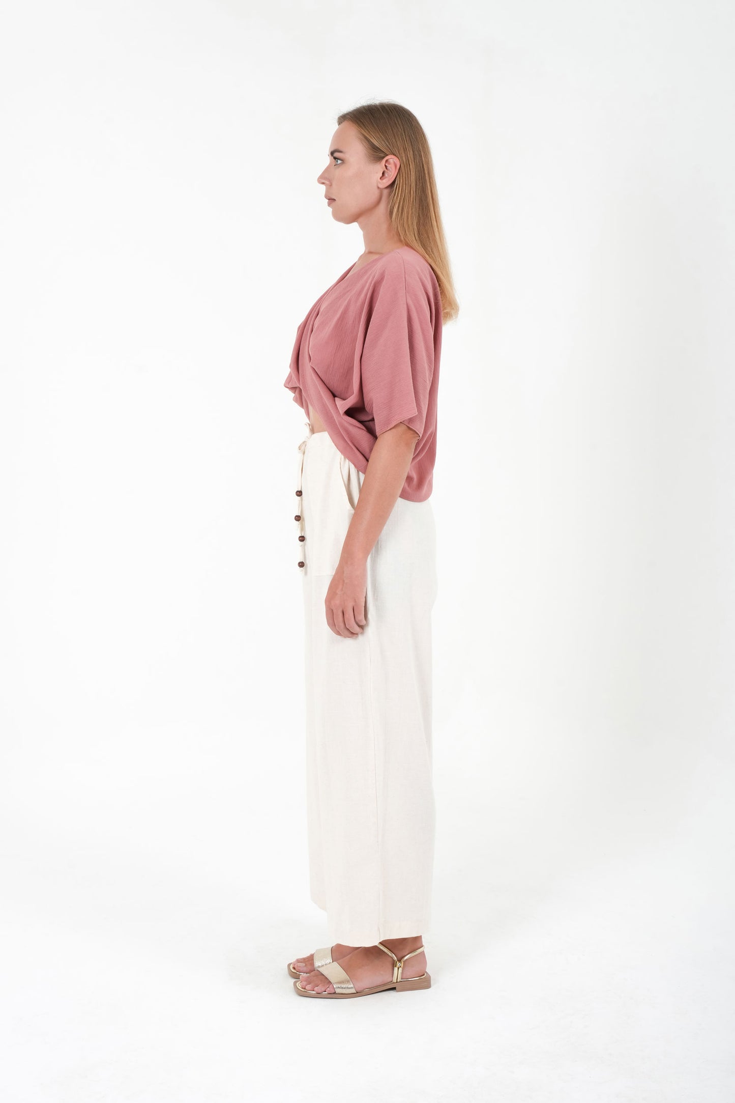 Beige Linen Blend Wide-Leg Pants
