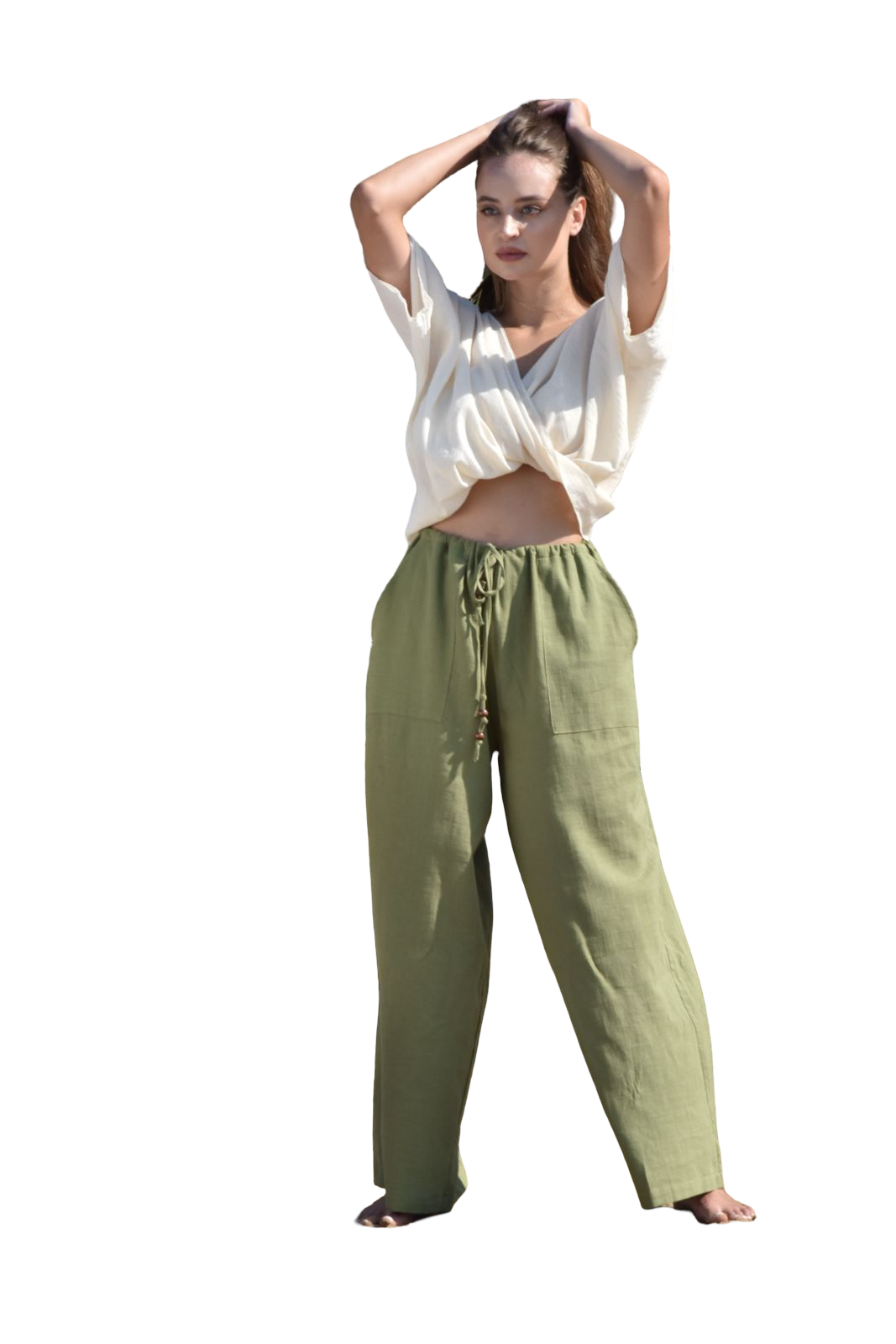 Khaki Linen Blend Wide-Leg Pants