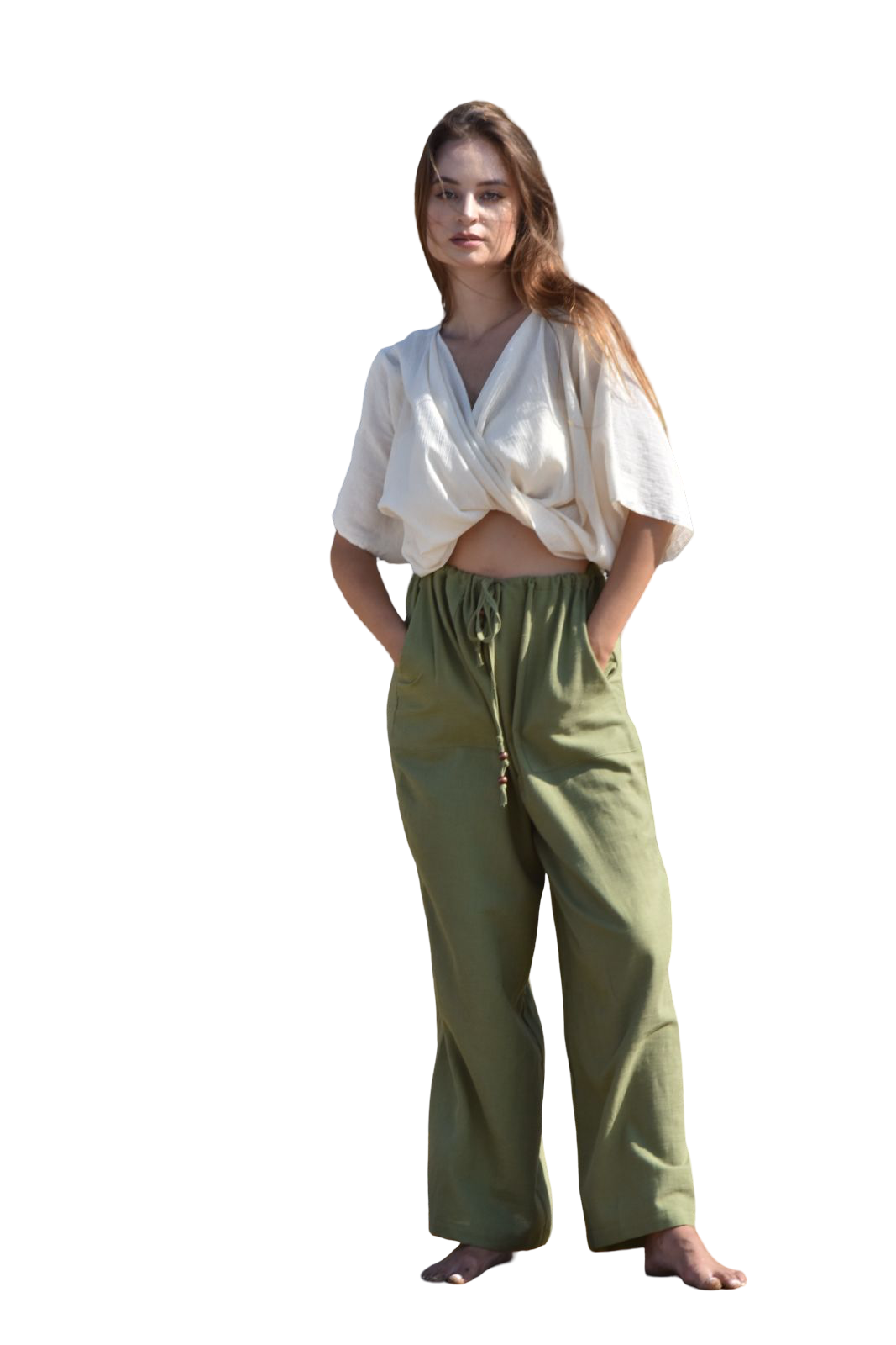 Khaki Linen Blend Wide-Leg Pants