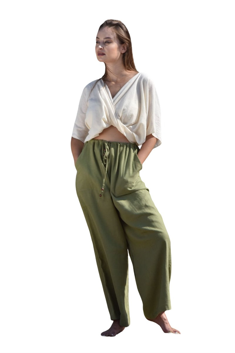 Khaki Linen Blend Wide-Leg Pants