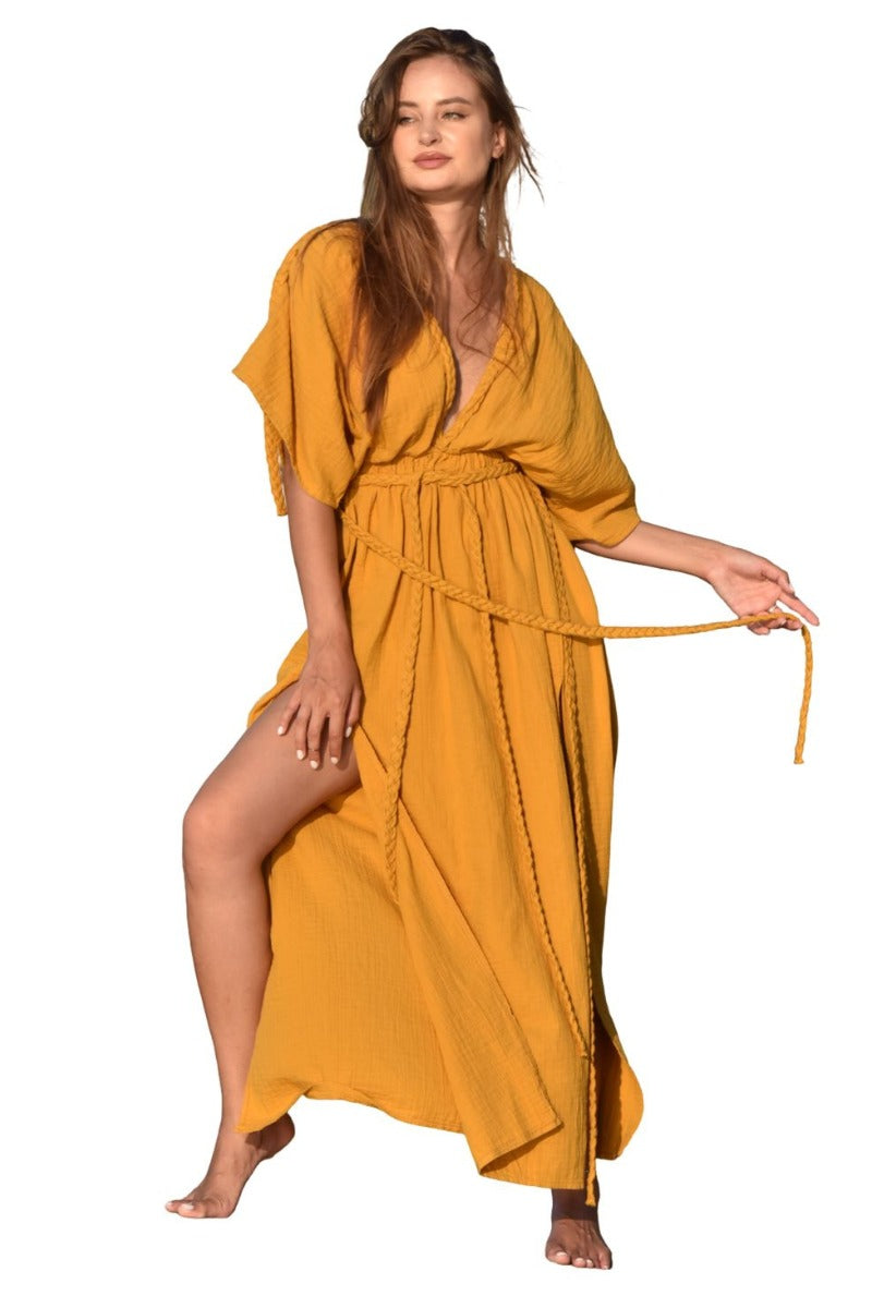 Eclectic Wide Sleeve Dress - Mustard Yellow