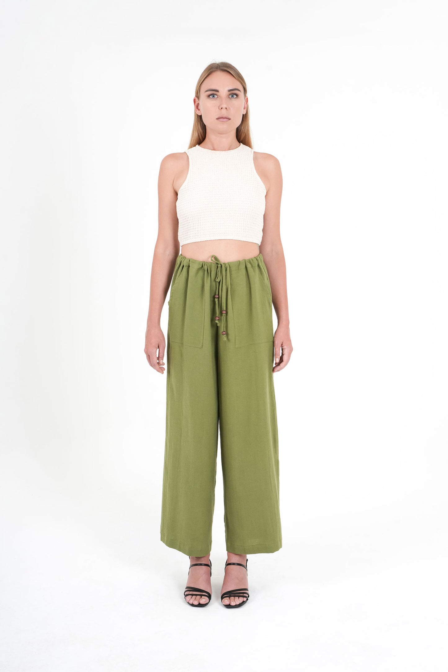 Khaki Linen Blend Wide-Leg Pants