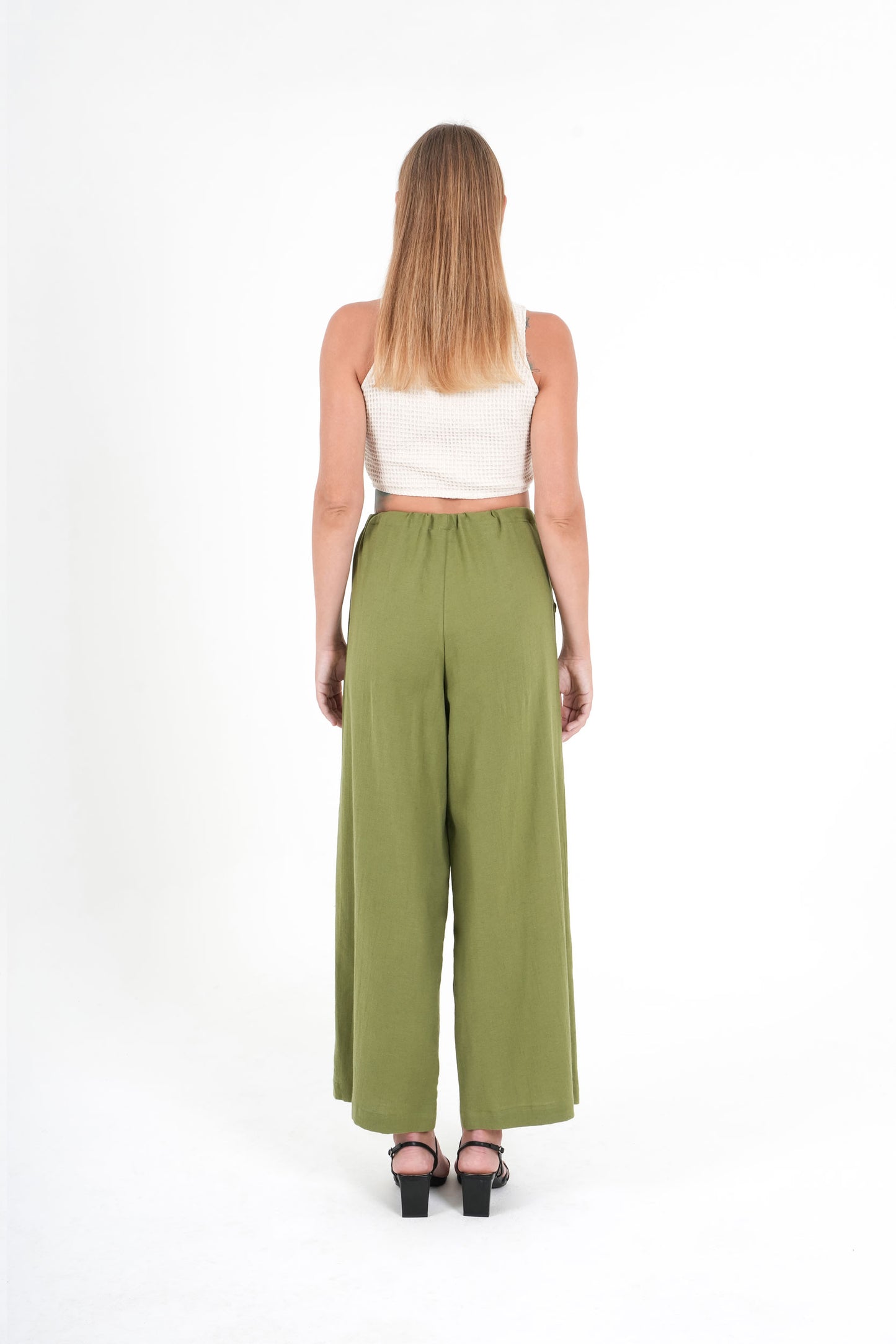 Khaki Linen Blend Wide-Leg Pants