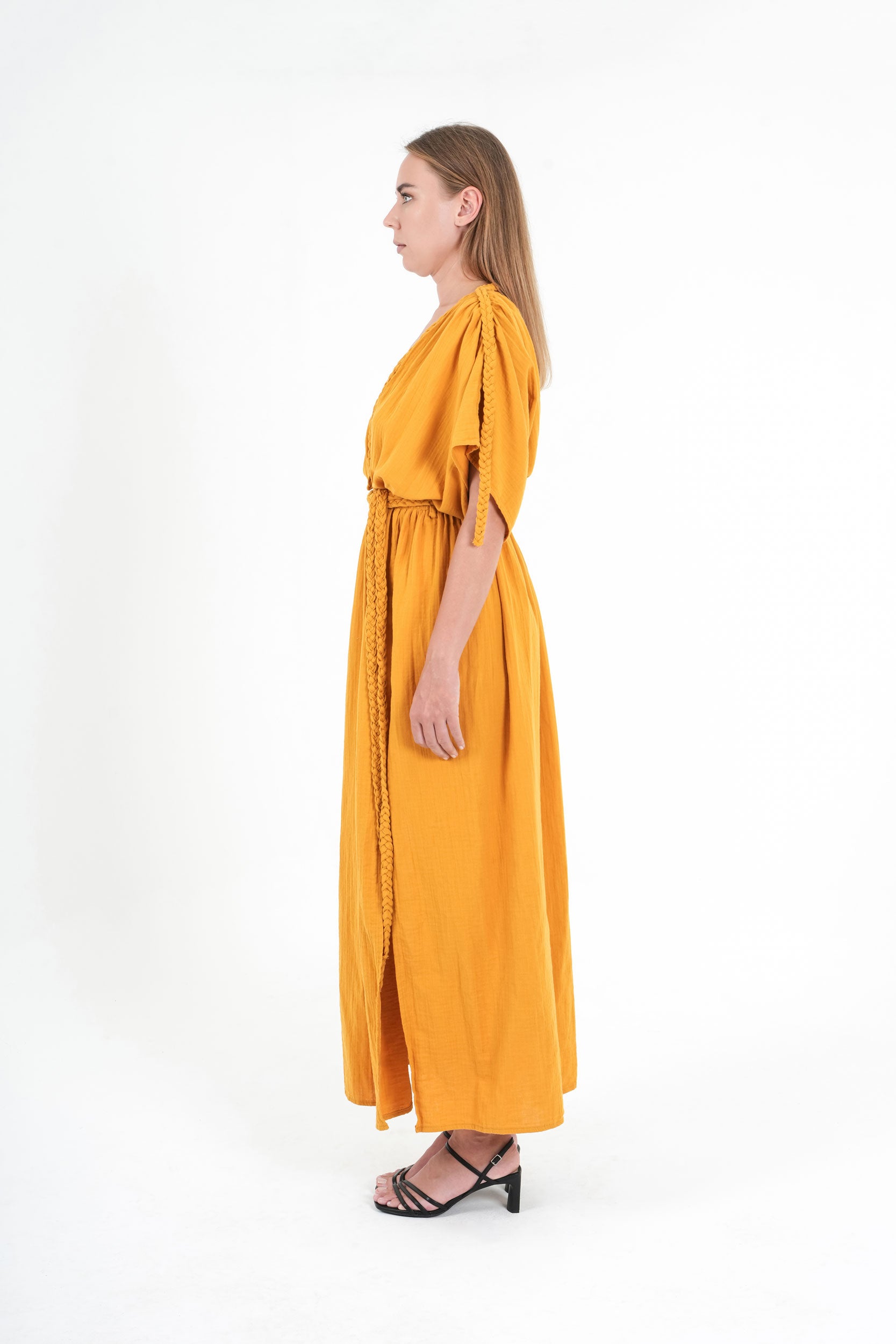 mustard yellow cotton dress mustard maxi dress long sleeve Butter Yellow Handspun Cotton Deep-V Maxi Tier Dress 42" / Regular (5'2"