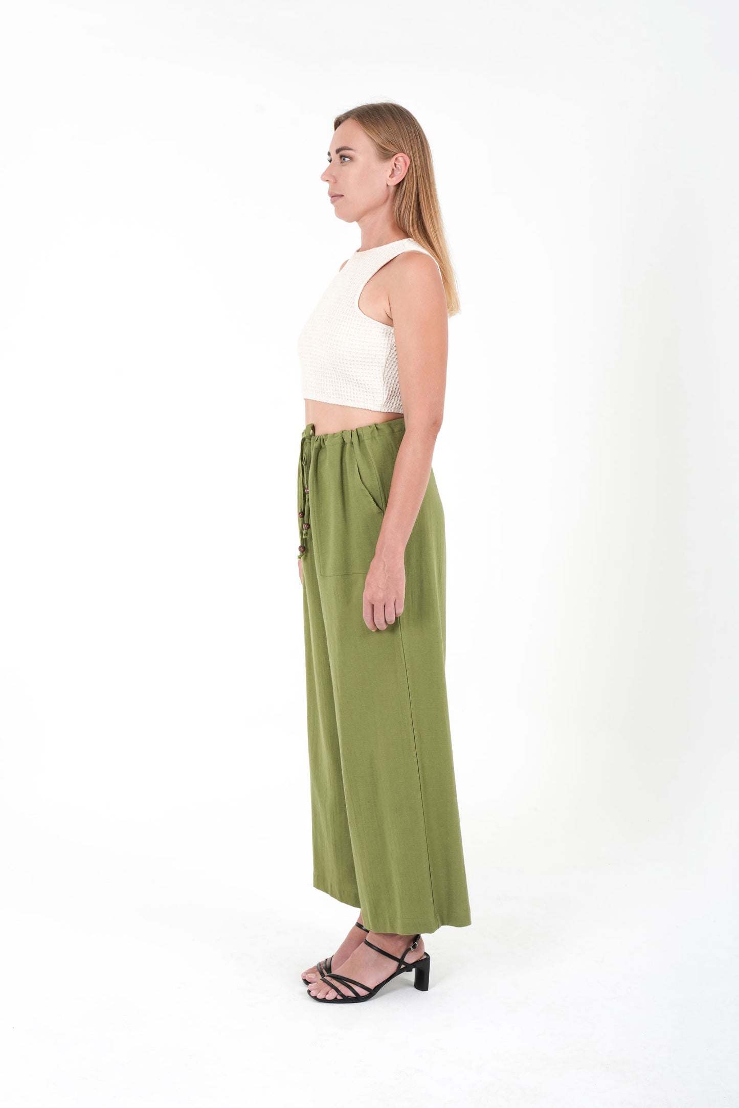 Khaki Linen Blend Wide-Leg Pants
