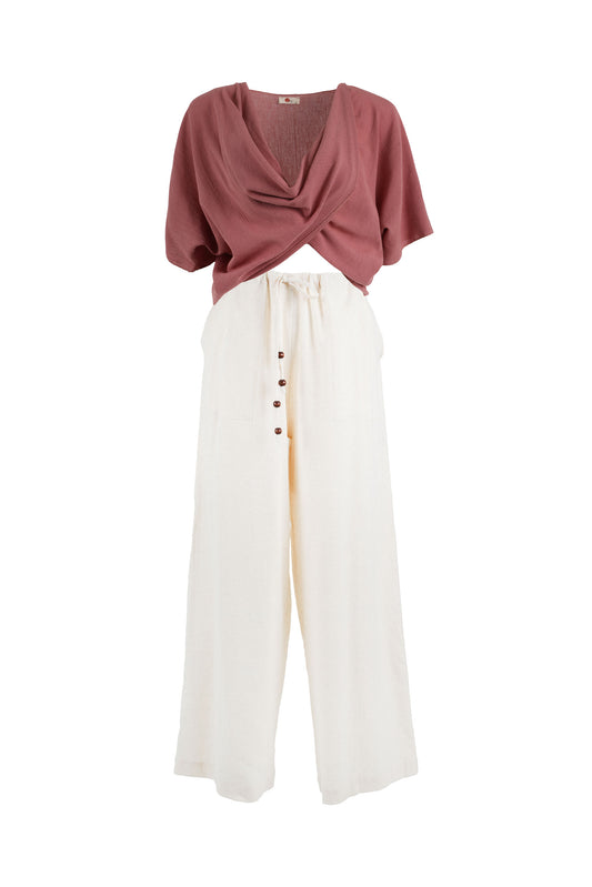 Beige Linen Blend Wide-Leg Pants