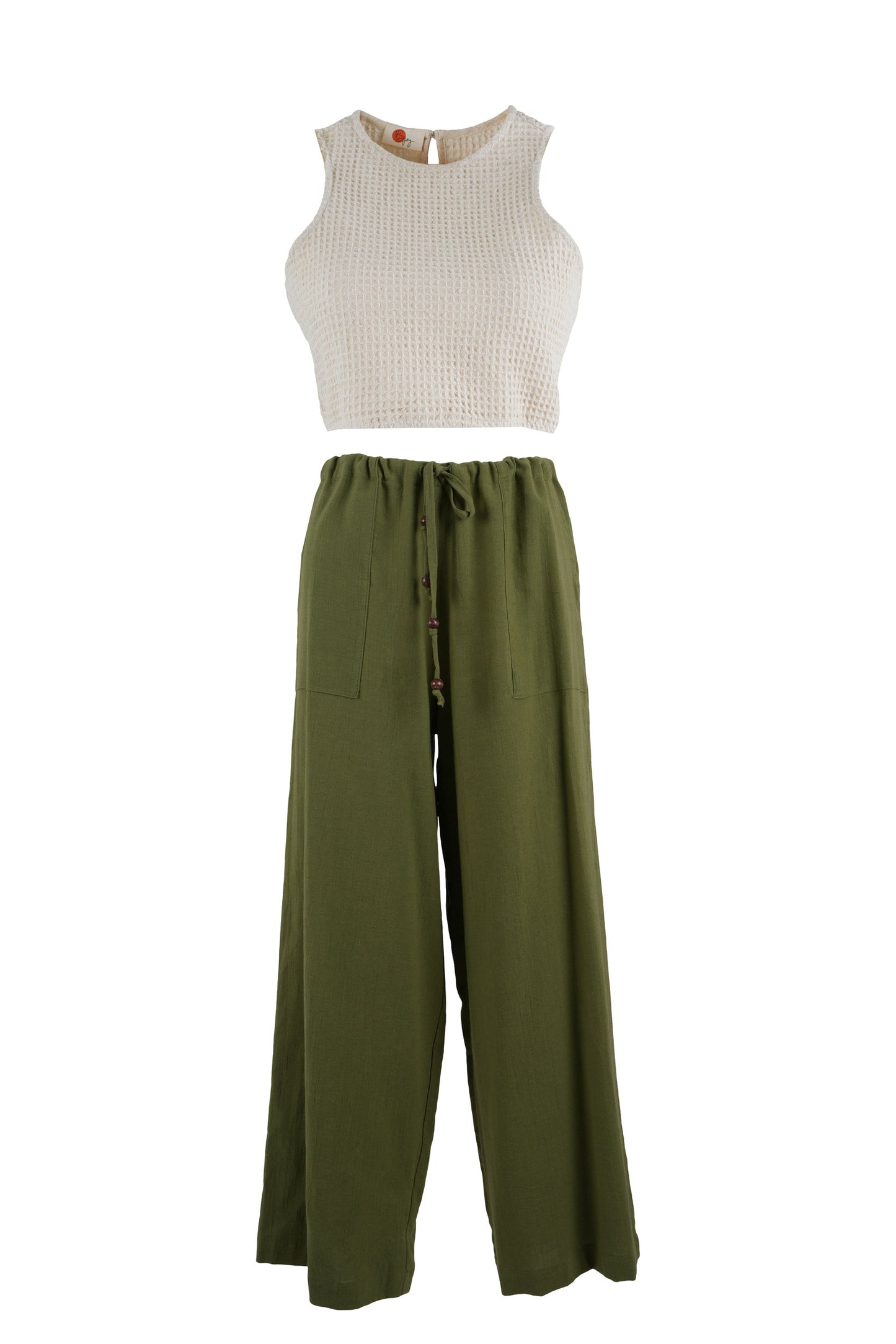 Khaki Linen Blend Wide-Leg Pants