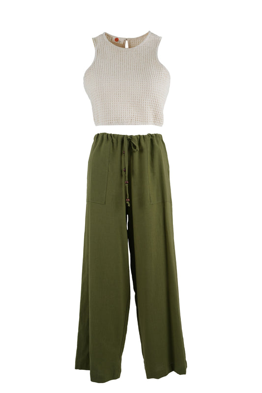 Khaki Linen Blend Wide-Leg Pants