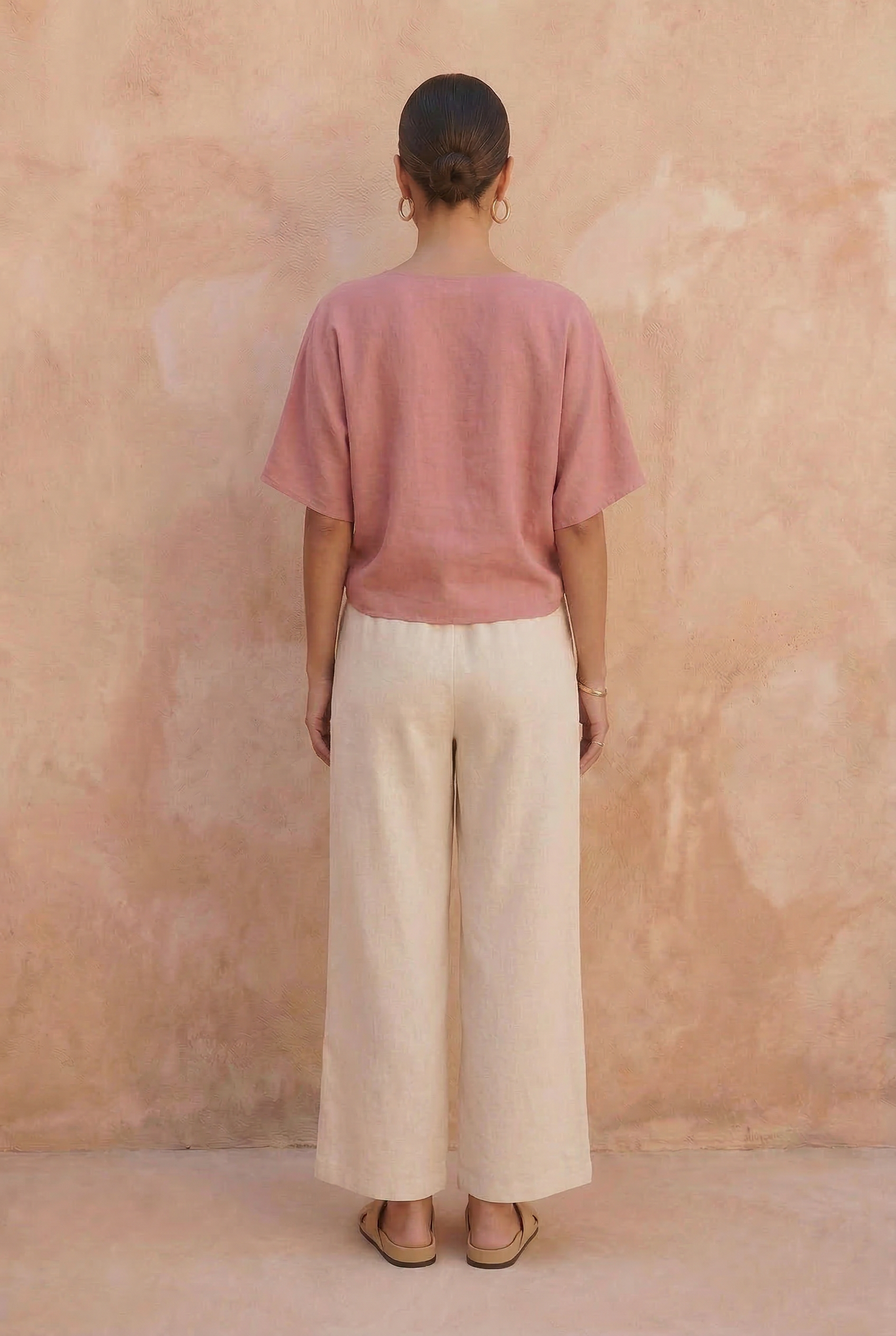 Beige Linen Blend Wide-Leg Pants