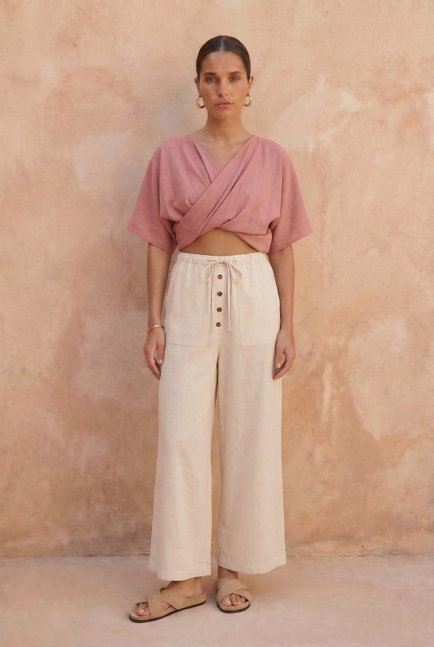 Beige Linen Blend Wide-Leg Pants