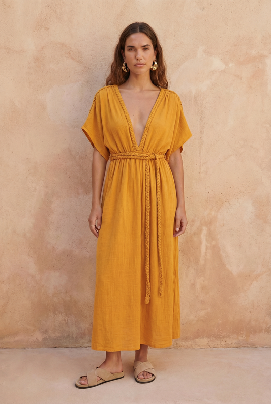 Eclectic Wide Sleeve Dress - Mustard Yellow