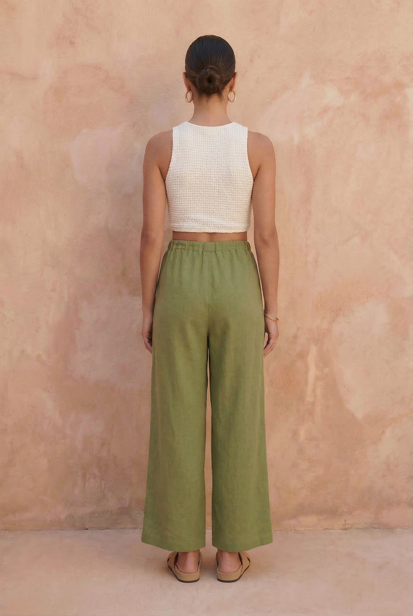 Khaki Linen Blend Wide-Leg Pants