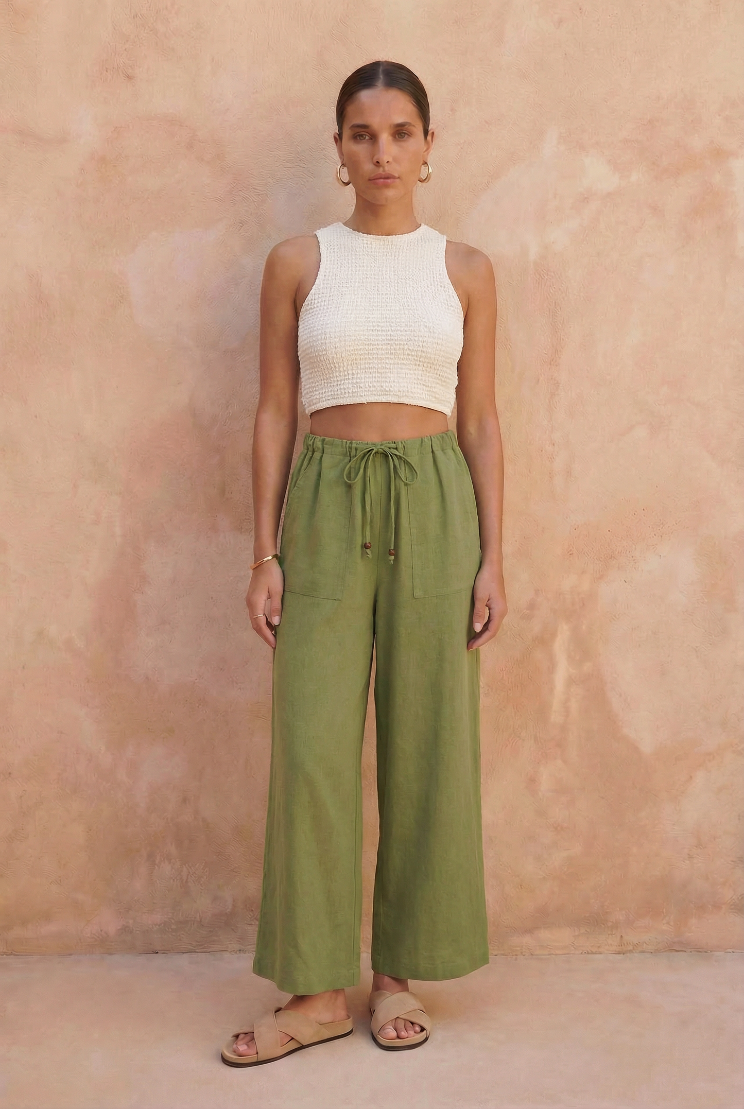 Khaki Linen Blend Wide-Leg Pants