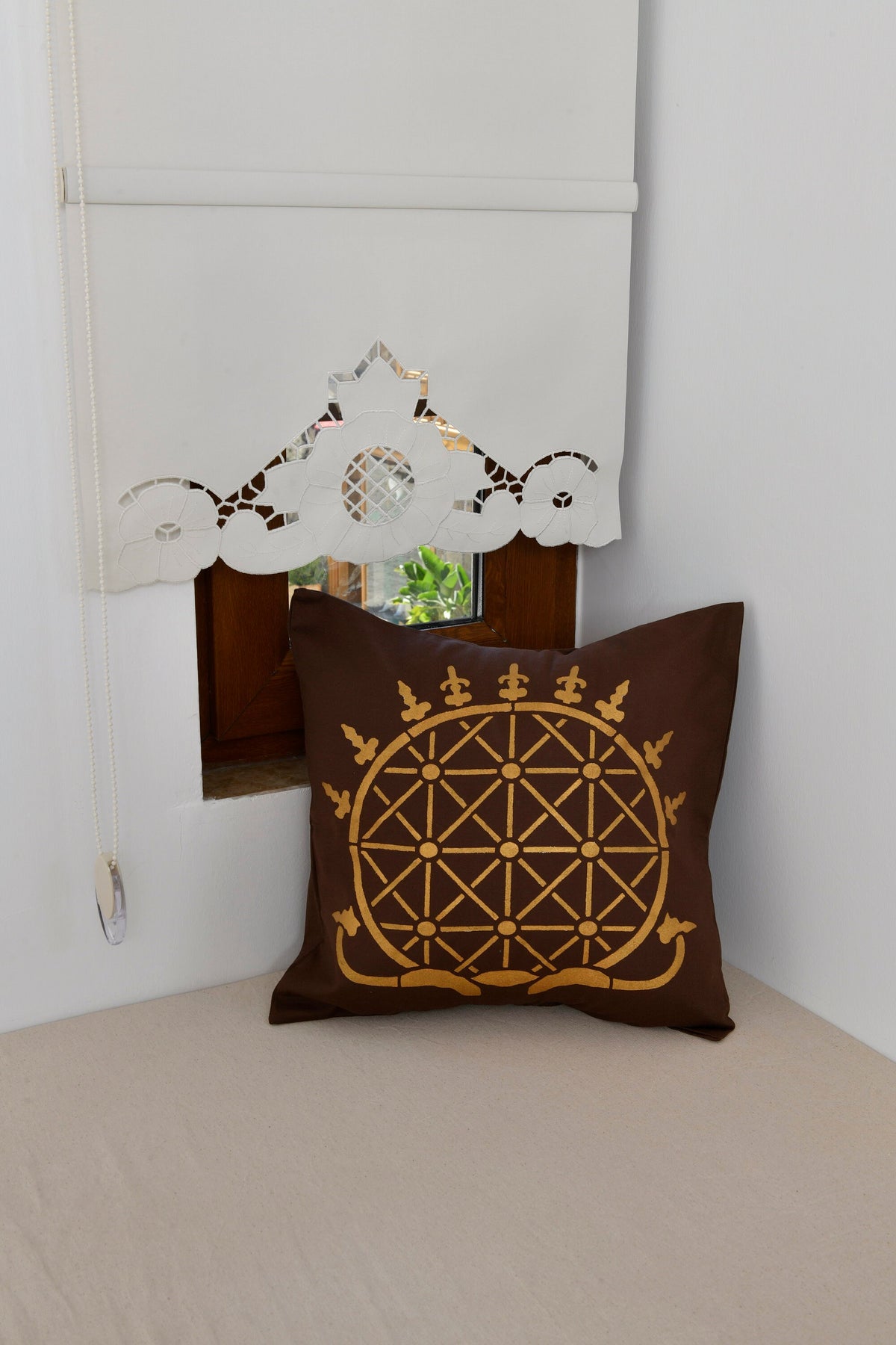 Designer Handcrafted Throw Pillow Cover, Hittite Sun Disk Symbol
