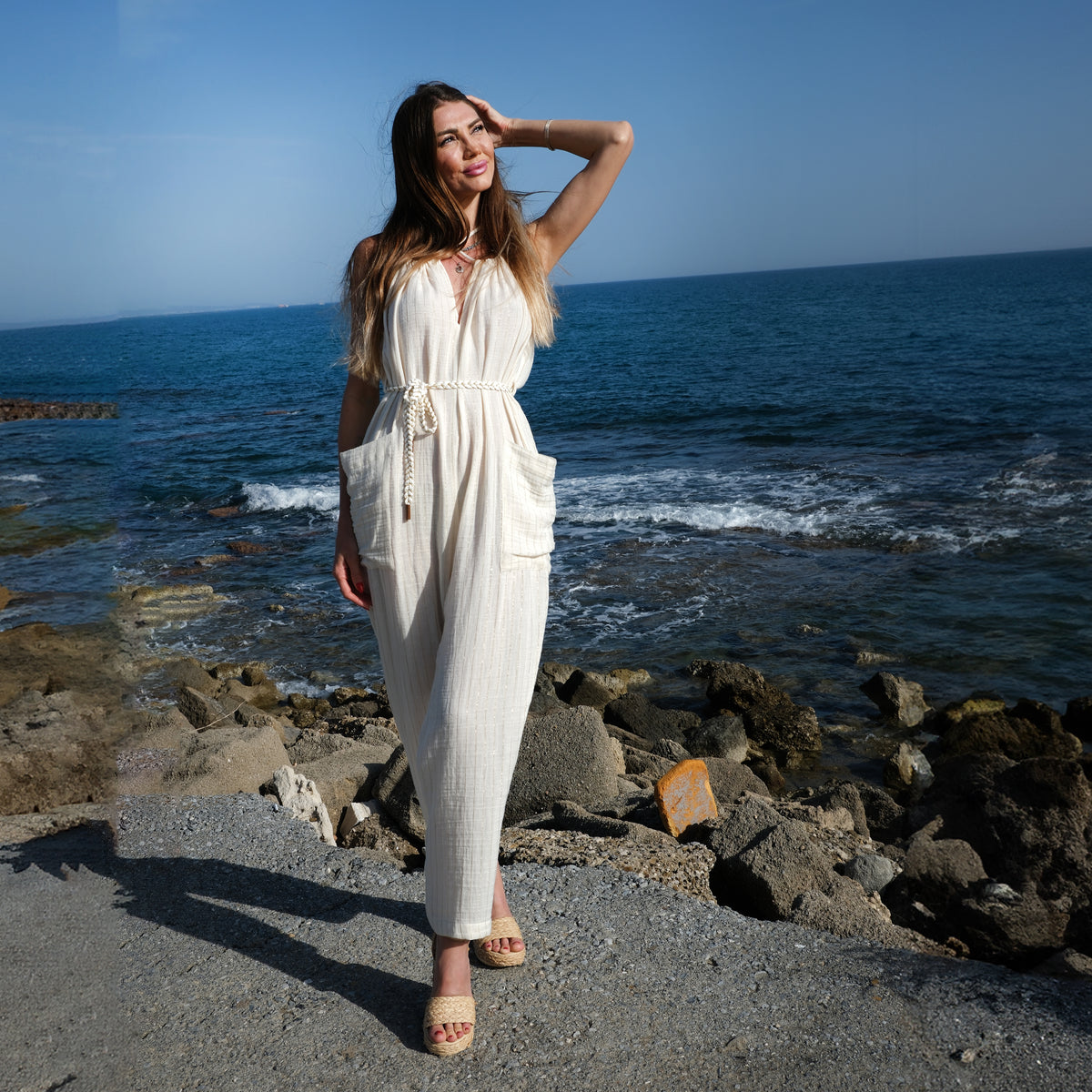 Ecru Striped Jumpsuit